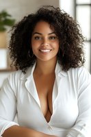Young woman with curly hair wearing white shirt smiling at camera in bright interior setting. Professional portrait for business, lifestyle, or diversity representation.