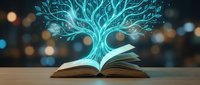 Open book with glowing turquoise tree branches emerging from pages against blurred bokeh background, symbolizing knowledge, learning, education, and imagination for digital content.