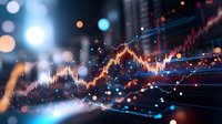 Stock market data visualization with glowing candlestick charts, upward trending lines, and digital network nodes on dark blue background for financial analysis and trading concepts.
