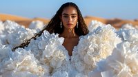 Young woman with long dark curly hair wearing luxurious white ruffled dress against desert background, dramatic fashion portrait highlighting textured fabric and natural beauty.