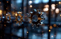 Metallic gear wheels floating in dark space with glowing bokeh lights and particles, symbolizing mechanical innovation and technological advancement.