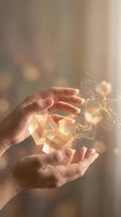 Hands protecting glowing geometric cube with magical light particles and sparkles representing innovation, technology, protection and digital transformation.