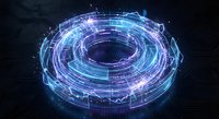 Futuristic holographic portal with glowing blue energy rings and digital circuits on dark background for sci-fi technology concepts.
