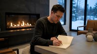 Young Caucasian man in cozy sweater writing in notebook by modern fireplace in contemporary living room during winter evening at home.