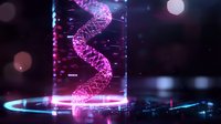 Glowing pink DNA helix structure floating in glass cylinder with neon lights and bokeh effects against dark background, futuristic scientific visualization.