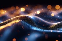 Glowing particle wave with golden bokeh lights on dark background creates futuristic abstract technology visualization with flowing motion effect.