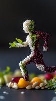 Creative food art showing running figure made from white and purple quinoa grains with fresh herbs, citrus fruits and nuts on dark background. Food styling concept.