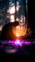 Young man reading book in magical forest setting at sunset, silhouetted against golden light with purple bokeh effects in foreground, creating dreamy atmosphere.