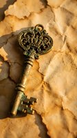 Antique brass skeleton key with ornate crown engraving resting on aged crumpled parchment, evoking mystery, history, and vintage elegance.