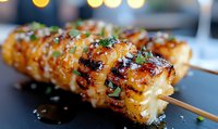 Grilled chicken skewer with sweet teriyaki glaze and fresh herbs on dark slate plate, close-up view showing caramelized sauce and juicy meat texture.