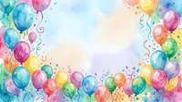 Watercolor party balloons frame with confetti and ribbons creating festive border on light background for celebrations and special events.