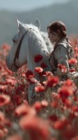 Young woman with braided hair bonding with white horse in vibrant red poppy field, romantic countryside scene with soft natural lighting.