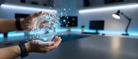 Businessman holding glowing digital globe with data particles in modern office environment, representing global connectivity and technology innovation.