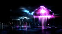 Glowing purple cloud with streaming light rays above futuristic night cityscape with neon reflections on water surface, digital technology concept for cloud computing.