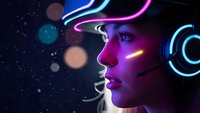 Futuristic woman profile with neon lights and digital effects in cyberpunk style against starry space background for sci-fi technology concepts.