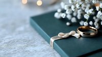 Elegant wedding rings on teal gift box with white flowers and ribbon for romantic celebration and marriage proposal ceremony.