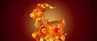 Golden ornate goat figurine with intricate patterns and warm lighting for Chinese New Year celebrations and zodiac decorations.