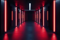 Dark futuristic corridor with glowing red and white neon lights creating dramatic reflections on floor. Modern minimalist architecture with illuminated vertical light tubes.