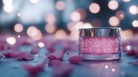 Pink glittery cosmetic cream jar with rose petals on reflective surface against blurred bokeh lights background, luxury skincare product photography.