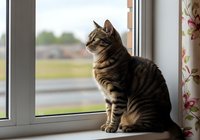 Tabby cat sitting on windowsill looking outside through glass window, domestic pet gazing at outdoor scenery from home interior.