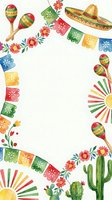 Mexican fiesta frame with colorful papel picado banners, maracas, sombrero, cactus and floral elements on white background for party invitations and celebrations.