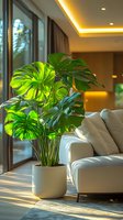 Large monstera deliciosa plant in white pot beside beige sofa in modern living room with warm ambient lighting and large windows creating peaceful atmosphere.
