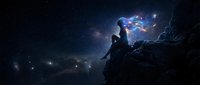 Silhouette of person sitting on rocky cliff under starry night sky with cosmic nebula and glowing celestial phenomena creating magical atmosphere for meditation.