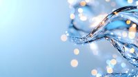 Dynamic water splash with flowing liquid stream against soft blue background with golden bokeh lights creating magical aqua motion effect.