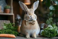 Adorable rabbit wearing bow tie sits among fresh carrots and herbs on wooden table, cozy home atmosphere with soft lighting and potted plants in background.