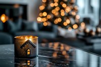 Glowing house-shaped candle holder on marble surface with blurred Christmas tree lights creating magical bokeh atmosphere for winter holiday decor.