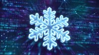 Glowing white snowflake symbol over digital binary code background with blue purple lighting effects for winter technology and cyber security concepts.