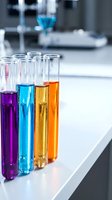 Colorful chemical solutions in test tubes arranged in laboratory setting for scientific research and experimentation analysis.