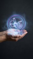 Hands holding glowing holographic snail symbol with neon circles in futuristic digital space for technology and innovation concepts.