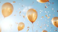 Golden balloons floating in bright blue sky with falling glitter confetti creating festive celebration atmosphere. Suitable for party and event designs.