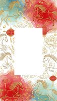 Chinese New Year frame with golden horses, red lanterns and traditional ornaments on colorful background for festive greeting cards and celebration designs.