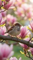 Sparrow perched on a branch surrounded by blooming pink magnolia flowers in soft spring light.