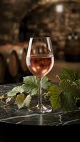 Glass of rose wine with grape leaves on marble table in rustic cellar setting for wine tasting and vineyard tourism experiences.