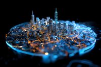 Miniature circular cityscape with glowing blue and orange lights showcasing modern skyscrapers and urban architecture in tilt-shift style photography effect.