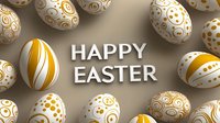 Festive Easter eggs decorated with golden swirls and dots arranged around Happy Easter text on neutral background. Modern holiday greeting design.