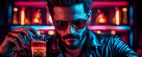 Young bearded man in sunglasses at nightclub bar with neon lights creating dramatic red and blue lighting effect, holding whiskey glass with ice in modern setting.