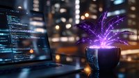 Glowing purple digital plant emerging from coffee cup next to laptop displaying code in dark office setting with city lights in background creates futuristic atmosphere.