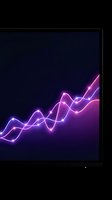Glowing purple neon financial chart showing upward growth trend on tablet screen against dark background for business analytics and market data visualization.