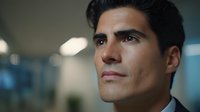 Confident Hispanic businessman with strong jawline in corporate environment looking thoughtfully into distance, conveying leadership and determination.
