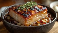 Succulent pork belly with crispy skin and caramelized glaze served in rustic ceramic bowl with roasted vegetables and fresh herbs on wooden surface.