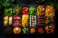 Asian fusion bento box with grilled meat, sushi rolls, noodles, french fries, fresh vegetables and various sauces arranged in black compartment container.