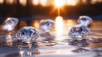 Sparkling diamonds scattered on wet surface with golden sunset reflection, creating luxury and wealth concept for premium design projects.