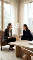 Two professional women having business meeting in modern office lounge discussing documents and strategy in bright contemporary workspace.