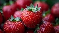 Fresh ripe strawberries with water drops close up macro shot showing detailed texture of juicy red berries with green leaves on dark background.