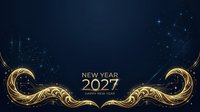 New Year 2027 celebration design with elegant golden ornamental swirls and sparkling particles on dark blue background for holiday greeting cards and festive promotions.