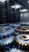 Digital gears with circuit patterns overlay server room background, representing data processing, technology infrastructure, cloud computing, and network systems for business solutions.